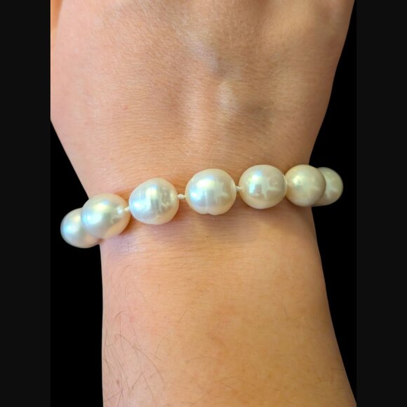 Natural Large Pearl 12.5mm Ball Pave Crystal Ball Clasp 6.75" Bracelet - Picture 10 of 13